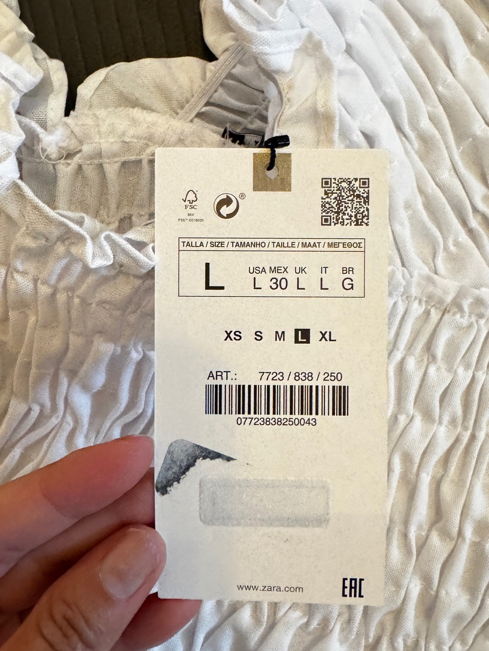 NWT: Zara White Smocked Off-Shoulder Long Sleeve Blouse - Picture 3 of 7